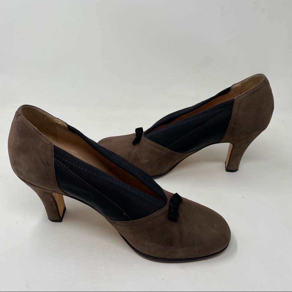 Anyi Lu Cookie Suede Heels Pumps Brown Black Bow 38 Size 8 - Picture 6 of 11